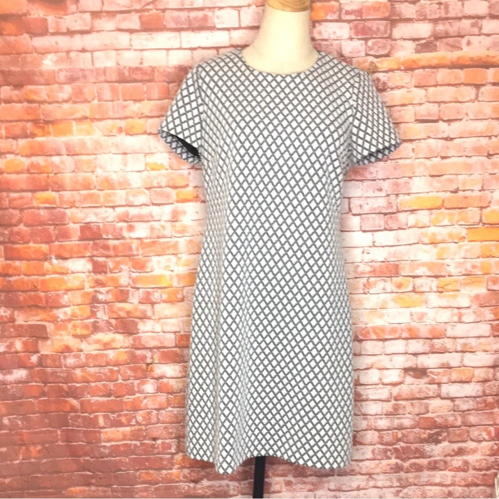 Calvin Klein Short Sleeved Black and White Houndstooth Midi Dress